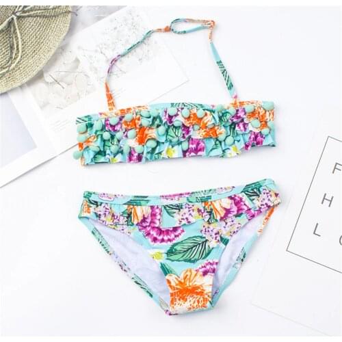 Flower Print Girls Kids Swimwear Swimsuit Hairball Children Bikinis 2020 Biquini Infantil Bathing Suit Kids Girls Bikini Set