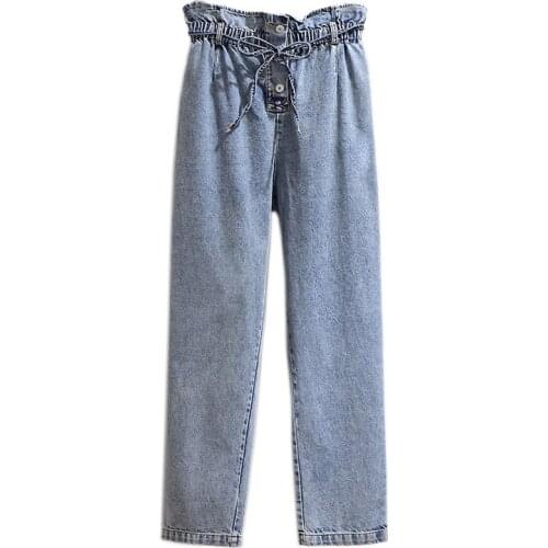 Plus Size 6XL Women Clothing Blue Jeans 2021 Spring Korean Slim Loose Pants Female Denim Trouser Waistband Elastic Waist W47