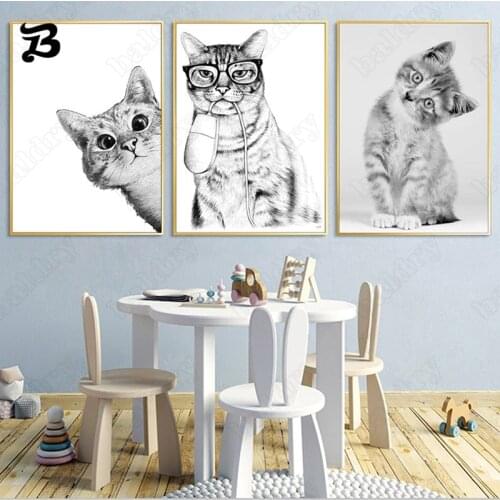 Curious Cat Canvas Painting Nordic Lovely Wall Art Black White Cats Posters and Prints Wall Pictures for Living Room Home Decor