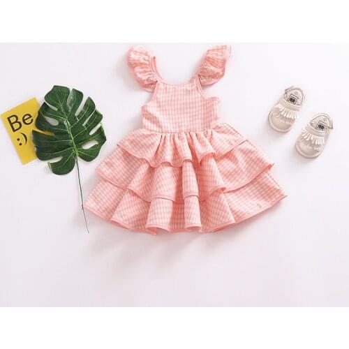 Girls Plaid Flying Sleeve Halter Dress Girls Cake Princess Dress Toddler Girl Summer Clothes 2021 Korean Baby Clothes