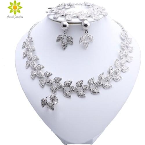 African Costume Beads Jewelry Set Nigeria Women Leaves Shape Necklace Earrings Bracelet Ring Silver Plated Jewelry Set