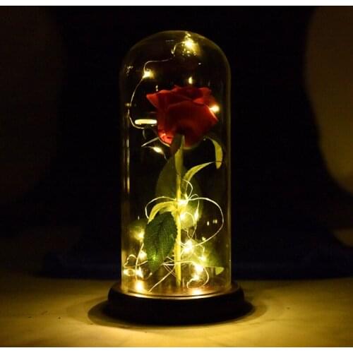 Beauty And The Beast Red Rose in a Clear Glass Dome on a Wooden Base For Valentines Gifts