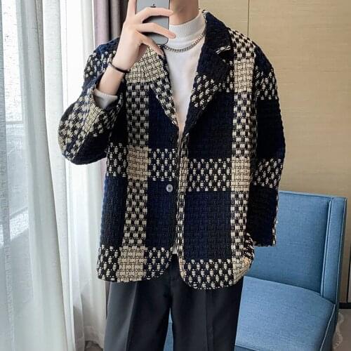 Classic Plaid Woolen Jacket for Men 2021 Autumn Winter Suit Collar Jackets Streetwear Social Outwear Casual Coats Male Clothing