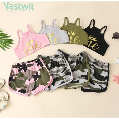 Summer 2Pcs Baby Girls Clothes Sets Sleeveless Letter One Print Strap CropTops+Camouflage Shorts Tracksuits Outfits Sport Suits