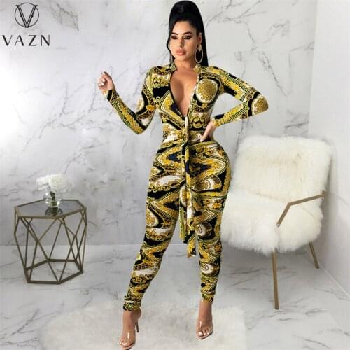 VAZN 2021 Top Sale Print Full Sleeve Street Wind Shinny Sexy Lady Women Party Beach Jumpsuits Full Pant Bandage Rompers
