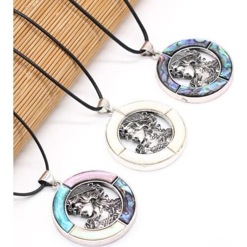 Hot Natural Round Abalone White Shell Pendants Charms Wax Thread Necklace Accessories Women Gift Size 45x45mm Length 55cm
