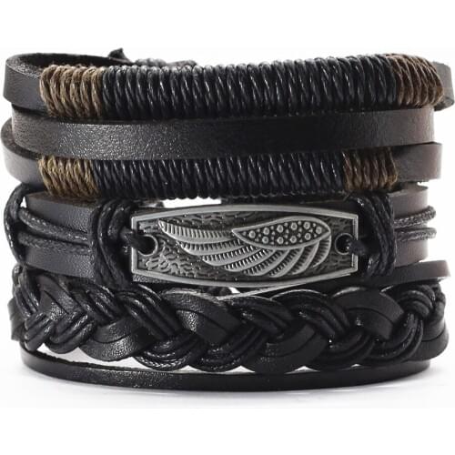 3 Pcs/set Handmade Woven Wood Beads Genuine Leather Men Bracelets For Women Feather Guitar Charm Bangles Homme Femme Jewelry