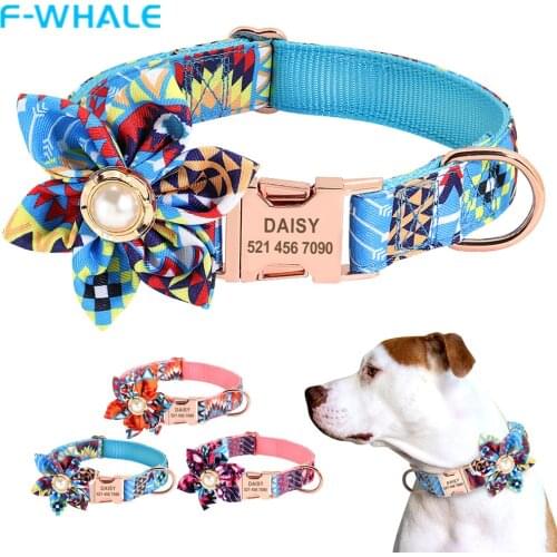 Nylon Flower Print Dog Collar Personalized Pet Collar Engraved ID Tag Name Anti-lost for Small Medium Large Dogs Cat Pitbull Pug