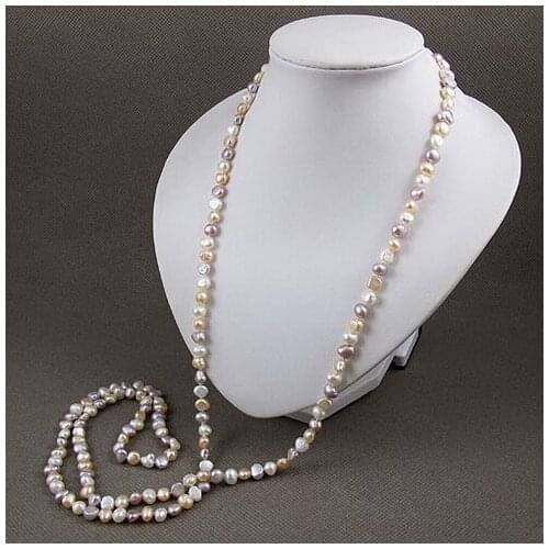 Terisa Pearljewelry 100% Real Freshwater Pearl Necklace Natural Color 8-9mm White Pink Purple Color 120CM Long Pearl Jewelry