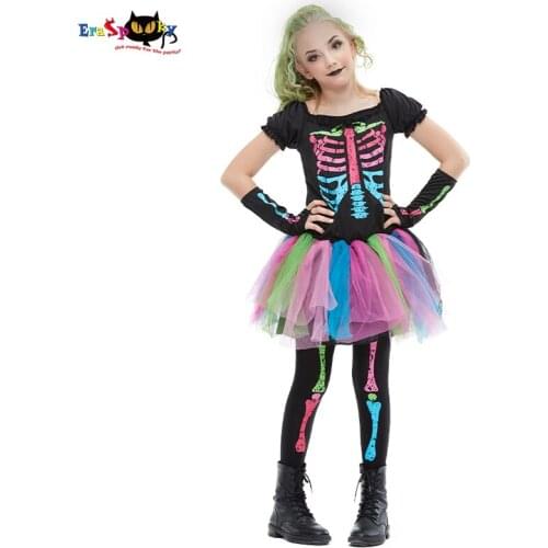 Eraspooky Girls Skeleton Tutu Dress Funky Punky Bones Cosplay Halloween Costume for Kid Day Of The Dead Gothic Skull Fancy Dress