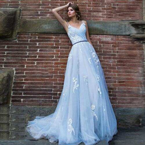 Eightree Light Blue Wedding Dresses Lace Appliques A Line Bride Dress V Neck Spaghetti Straps Wedding Gowns Vestido de noiva