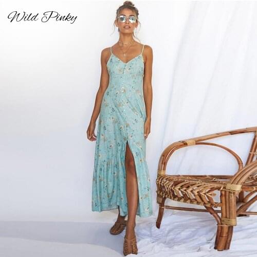 WildPinky Summer Women Boho Dress Sexy V Neck Strap Buttons Beach Sundress Casual Print Long Dress Vintage Party Dress Vestidos