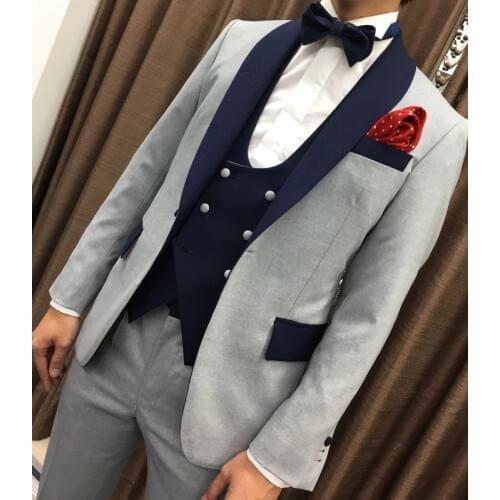 Gray Wedding Tuxedos for Groom 3 Piece Custom Slimming Men Suits Set Jacket Navy Vest with Pants Best Man Fashion Clothes 2020