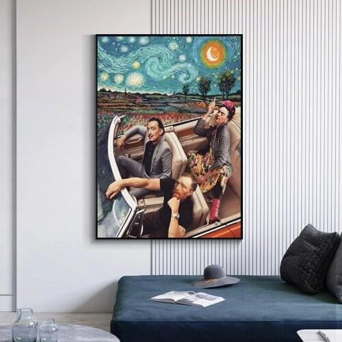 Funny Character Art Blue Starry Van Gogh Driving Posters and Prints Canvas Paintings Wall Art Pictures for Living Room Decor
