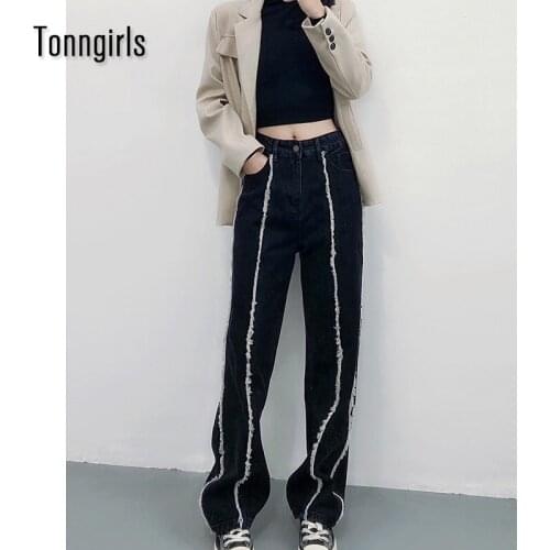 Tonngirls Vintage High Waist Black Jeans Women Color Contrast Straight Pants Ladies Korean Japanese Style Gothic Denim Jeans 90s