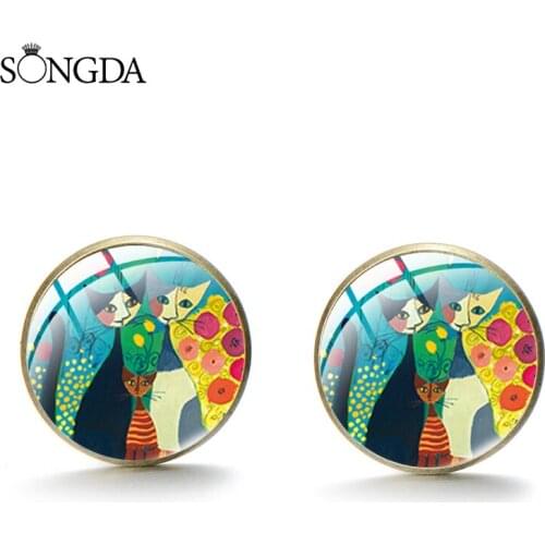 Vintage Colorful Cats Family Stud Earrings 12mm Abstract Oil Painting Kitten Glass Cabochon Womens Earring Jewelry for Wedding