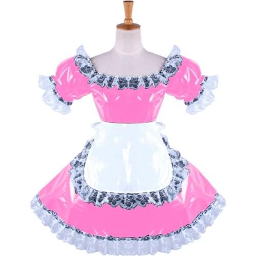Halloween Costumes for Women Sissy Dresses with Apron PVC Leather French Maid Dress Lockable Anime Cosplay Women Lolita Clubwear