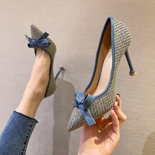 2021 Spring Sweet Women 9.5cm/6.5cm Thin High Heels Pumps Stiletto Butterfly Knots Heels Tacones Mujer Drag Queen Bridal Shoe