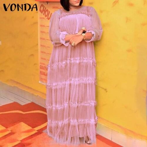 Summer Pleated Dress VONDA Women Sexy See Through Long Maxi Dresses Holiday Party Dress With Two-piece Sets Long Robe