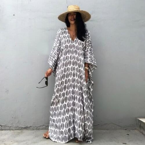 Foliage Print Maxi Dress Side Slide Kaftan Boho Beach Cover Up Packed Leaves Pattern Women Caftan Long Tunic Summer Resort Vibe