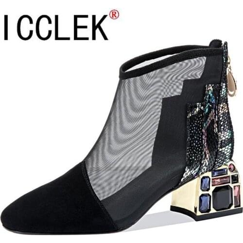 2020 NEW Mesh Sandals Boots Women Mesh Ankle Boot for Summer Mid Heel Rhinestone Ponited Toe Shoes Hollow Out Back Zip Black