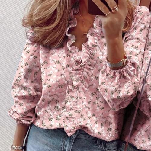 40# Ruffle Vindage Printed blouse Office Lady V-neck Short Sleeve Elegant Top Lace Up Vintage Womens Clothing Blusas Y Camisas