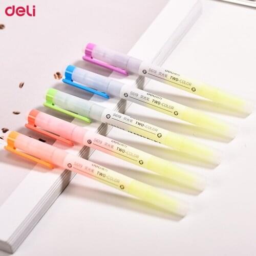 5 Sets Deli Dual Head Dual Colors Highlighter Pen Twin Tip Art Marker Cute Scribble Marker School Office Stationery Fluorescent