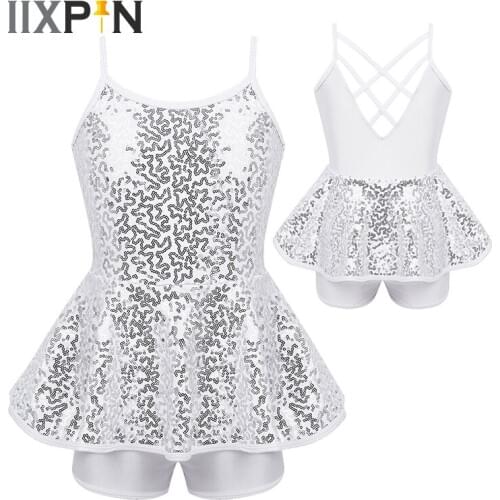 Girls ballet dress Shiny Sequins Criss Cross Back Ballet Dance Costume Shorty Unitard Dress for Lyrical Contemporary Dancewear
