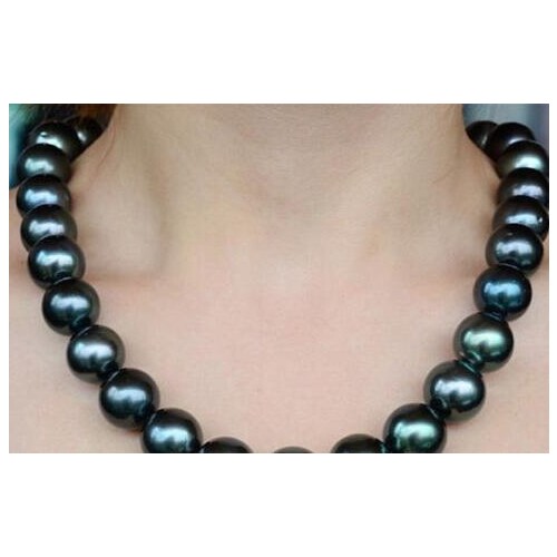 Free shipping Jewelry AAA 17"12-11mm Natural REAL ROUND TAHITIAN black green pearl necklace