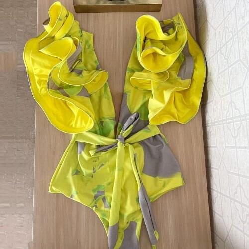 One Piece Swimsuit 2021 Sexy Shoulder Ruffle Swimwear Women Swimsuit Yellow tie dye Bathing Suit Beachwear Monokini Swim
