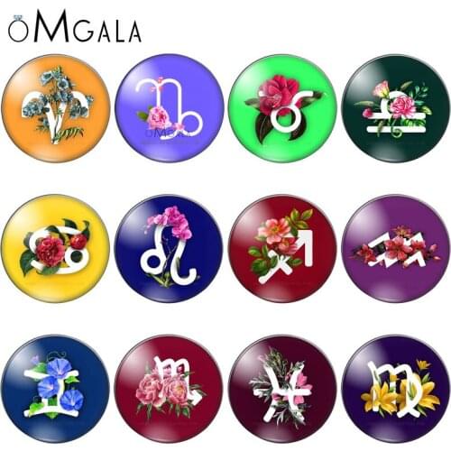 Color 12 Constellation Symbol and Flowers Art Painting 10mm/12mm/18mm/20mm/25mm Round photo glass cabochon demo flat back Making