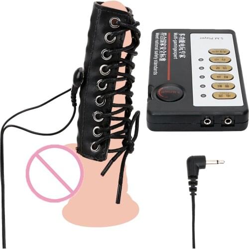 IKOKY PU Leather Electric Shock Penis Rings Sex Toys for Men Male Masturbation Cock Extender G-spot Climax Medical Themed Toys