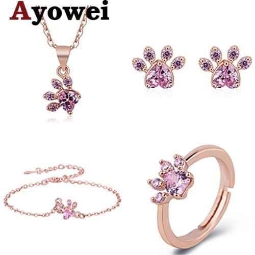 Silver plated rose golden tone cat claw heart shaped footprint Necklace Earrings Bracelet Ring Set JS864