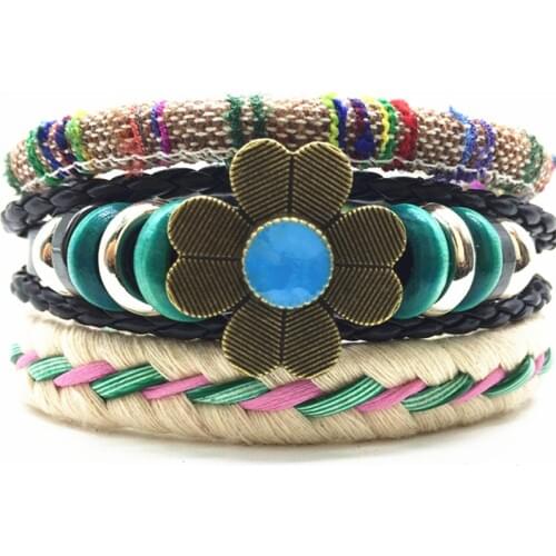 Four Leaf Clover Ethnic Boho Handmade Men Leather Bracelets Women Vintage Weave Woven Bangle Male Homme Jewelry Accessories