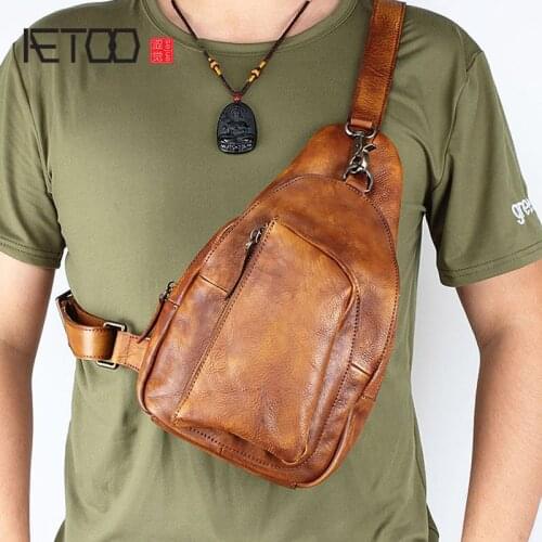 AETOO Retro top layer cowhide chest bag, leather shoulder bag, trendy mens casual messenger bag