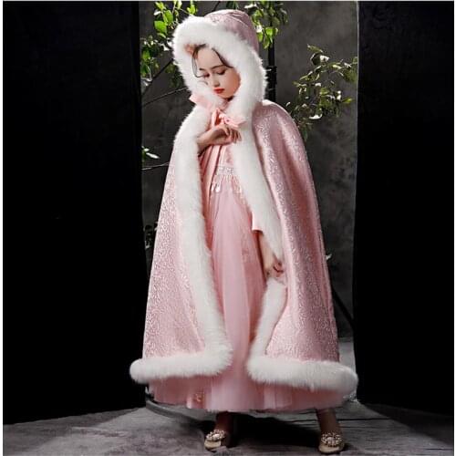 Little Girls Lace and Faux Fur Cape Hooded Cloak Fairytale Costume Flower Girl Cape Evening Cloak Long Cape Satin Child Cloak
