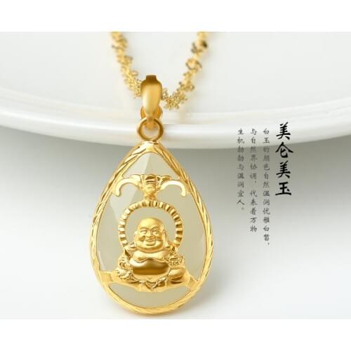 Natural jade jewelry and jade and nephrite jade pendant gold inlaid jade pendant drop smiling Buddha male