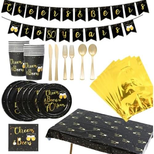 New Dark Theme Party Disposable Tableware Set Paper Cup Plate Banner Birthday Party Decorations Adults 30-90 Years Old