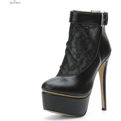 Original Intention Stylish Women Ankle Boots Platform Lace Thin High Heels Boots Fashion Black Buckle Shoes Woman Big ize 3-10.5