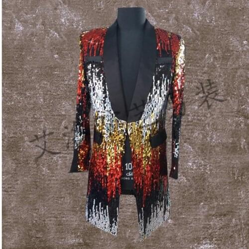 S-3xl Nightclub Bar Men Multi-color Long Sequin Suit Singer Costume Ds Dj Stage Performance Plus Size Clothing Party Blazers