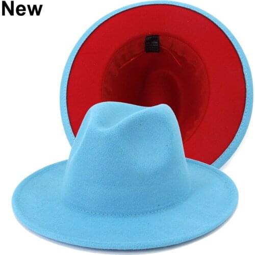 European American Fashion New Jazz Panama Woolen Felt Fedora Hat for Women Men Elegant Patchwork Lake Blue Red Caps