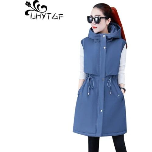 UHYTGF Women Warm Vest Hooded Sleeveless Down jacket Autumn Winter Vests Parker Cotton Coat Plus velvet Plus size Waistcoat 1299