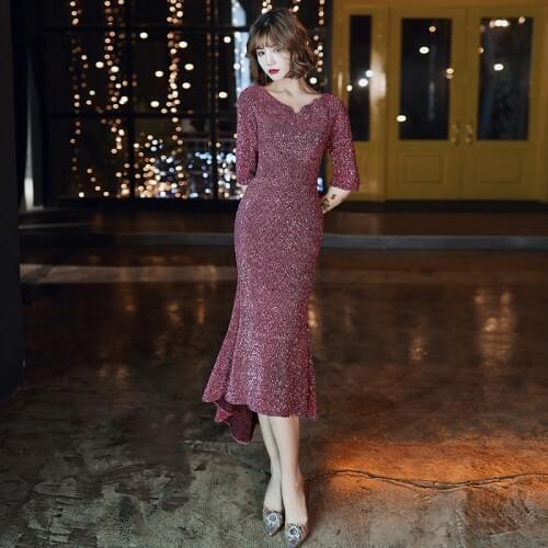 Evening Dresses Cameo Shining Sequin Tea-Length Formal Dresses Half Sleeve Mermaid Elegant Evening Gowns Robe De Soiree K117