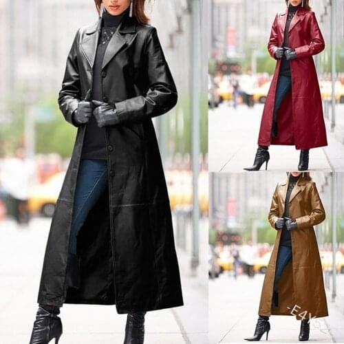 2020 Women Autumn Winter Solid Color Faux Leather Long Slim Wind Coat Windbreaker Womens Clothing женская куртка femme veste