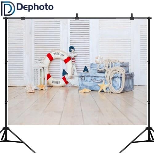 Dephoto Vinyl Photography Background White Wooden Door Lifebuoy Starfish Summer Children Birthday Backdrops for Photo Studio