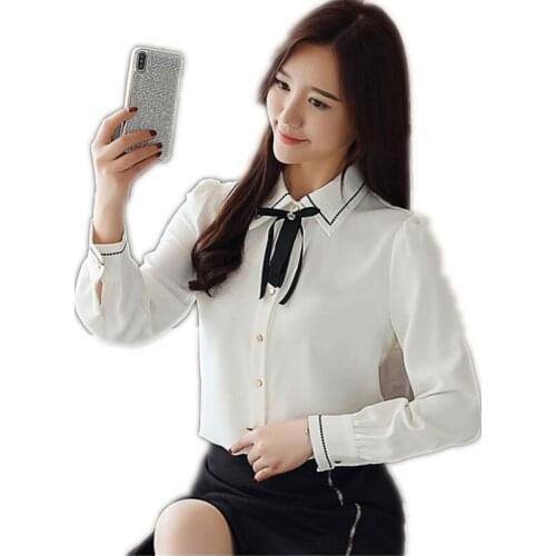 2019 New Spring Summer Women Korean Blouse Chiffon Turn-Down Collar Bow Female Tops Button Slim Long Sleeve Blouses Mujer Q1167