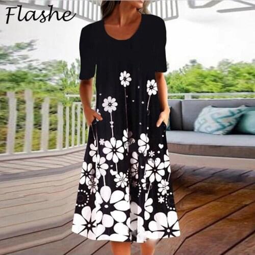2021 Summer Dress Women Flower Print Casual Beach Dresses For Women O-neck Pocket Short Sleeve Sundress Dress Plus Size S-5XL