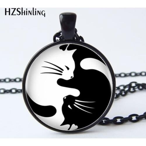 HZ--A376 Fashion newest Two Yin Yang Cats Necklace Pendant bronze glass Cabochon Long Chain Statement Necklace For women HZ1