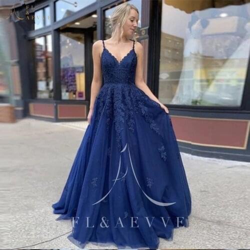 Fashion Royal Blue Lace Spaghetti Straps Evening Dresses V-neck Women Party Gowns Plus Size A-Line Formal Dress