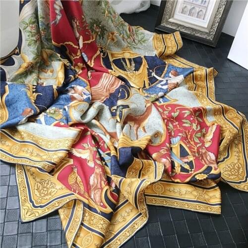 16mm Heavy 100% Silk Scarf Wrpas Greek Mythology Print Luxury Large Square Silk Shawl Cape Foulard 135*135CM